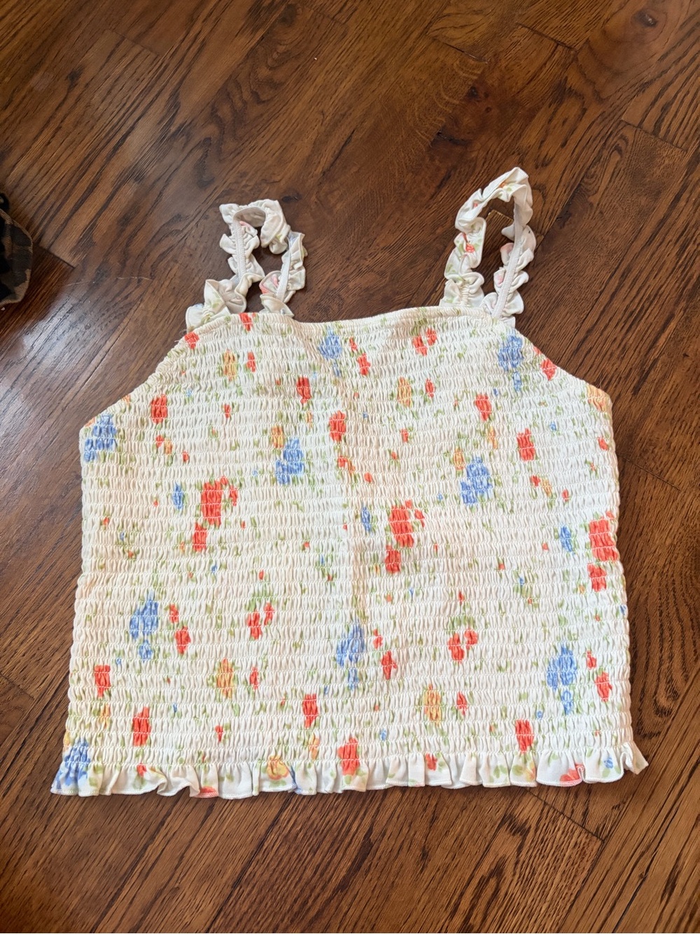 SO White Smocked Tank Top with Coral & Light Blue Floral Print